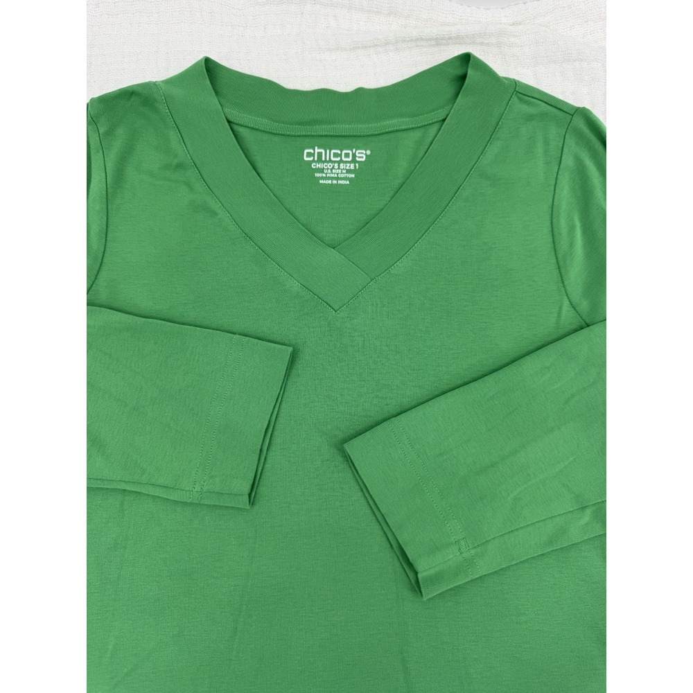 Chico's 100% Pima Cotton Tee t-shirt Top 3/4 Slv V-Neck Kelly Green Size 1 Med